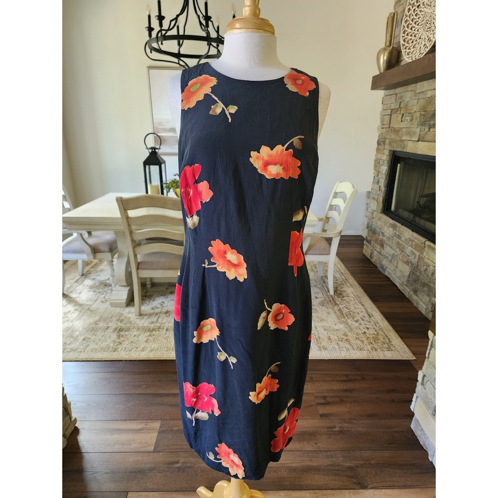 Maggy London Vintage 90s Black 100% Silk Floral Sleeveless Shift Dress Size 10
